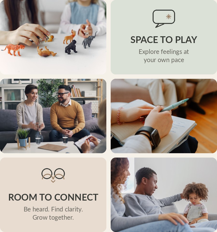 A six-block collage showing play therapy, counselling, parent and child support, and the words Space to Play and Room to Connect